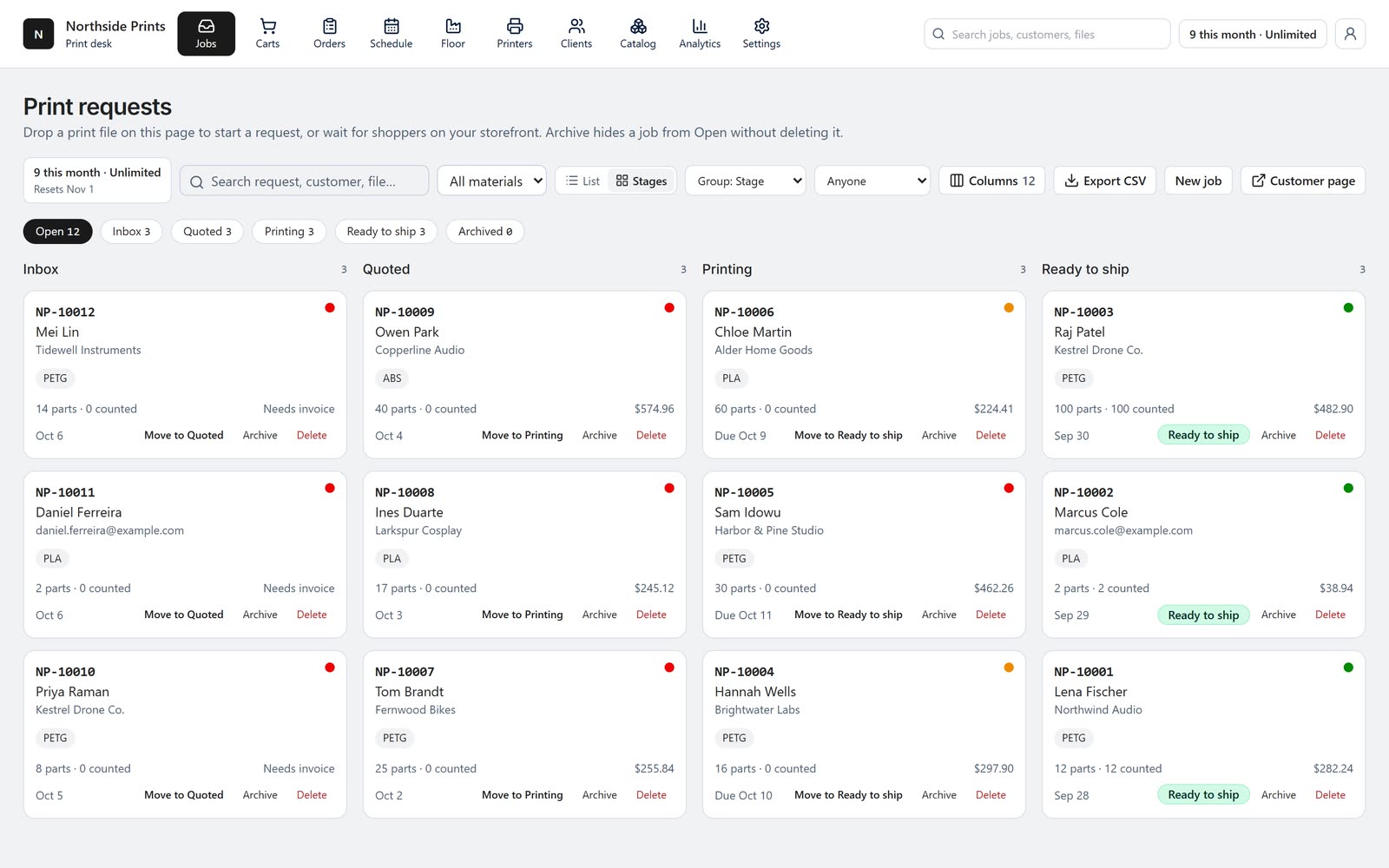 The 3D Job Desk jobs board, with customer jobs in each stage